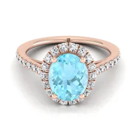 14K Rose Gold Oval Aquamarine Petite Halo French Diamond Pave Engagement Ring -3/8ctw