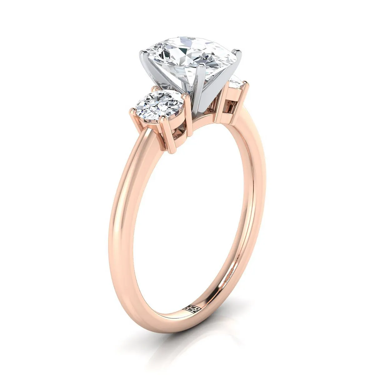 14K Rose Gold Oval Emerald Perfectly Matched Round Three Stone Diamond Engagement Ring -1/4ctw