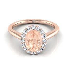 14K Rose Gold Oval Morganite Shared Prong Diamond Halo Engagement Ring -1/5ctw