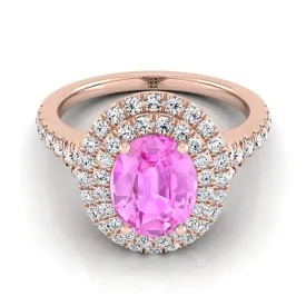 14K Rose Gold Oval Pink Sapphire Double Halo with Scalloped Pavé Diamond Engagement Ring -1/2ctw