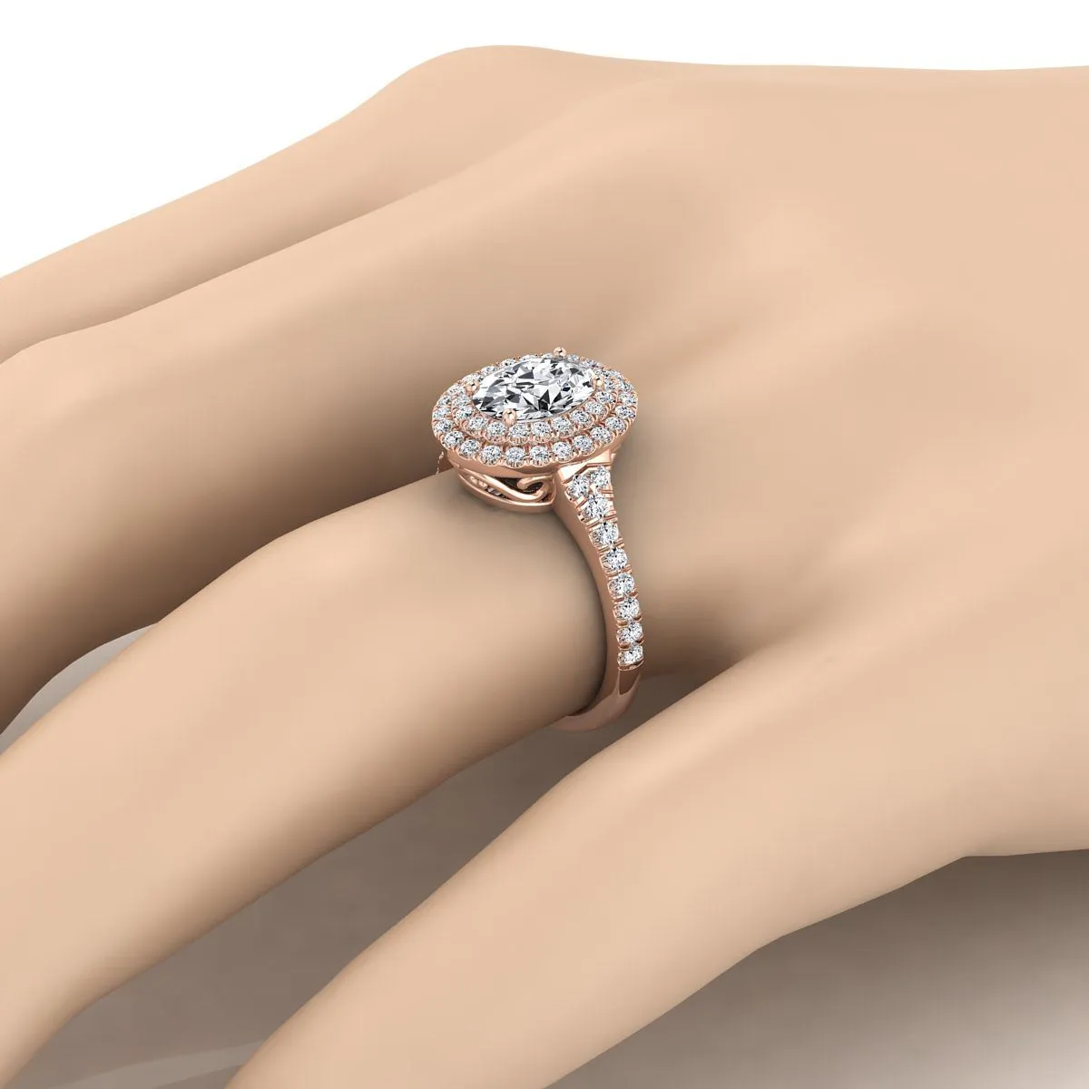 14K Rose Gold Oval Pink Sapphire Double Halo with Scalloped Pavé Diamond Engagement Ring -1/2ctw