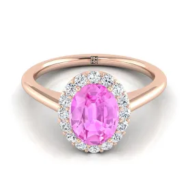 14K Rose Gold Oval Pink Sapphire Shared Prong Diamond Halo Engagement Ring -1/5ctw