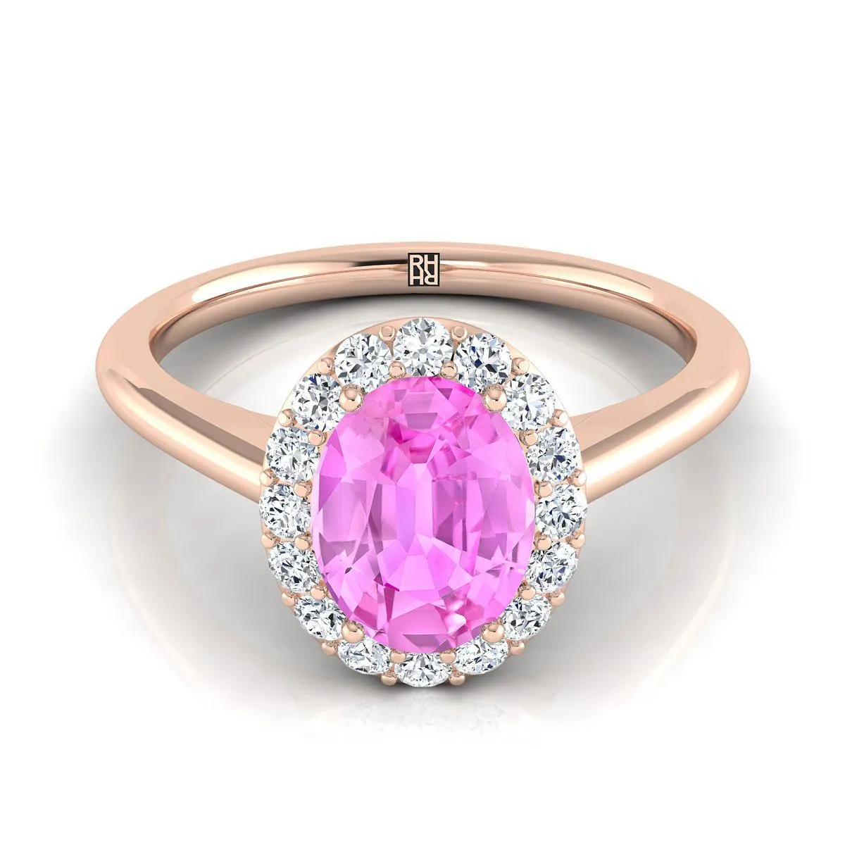 14K Rose Gold Oval Pink Sapphire Shared Prong Diamond Halo Engagement Ring -1/5ctw