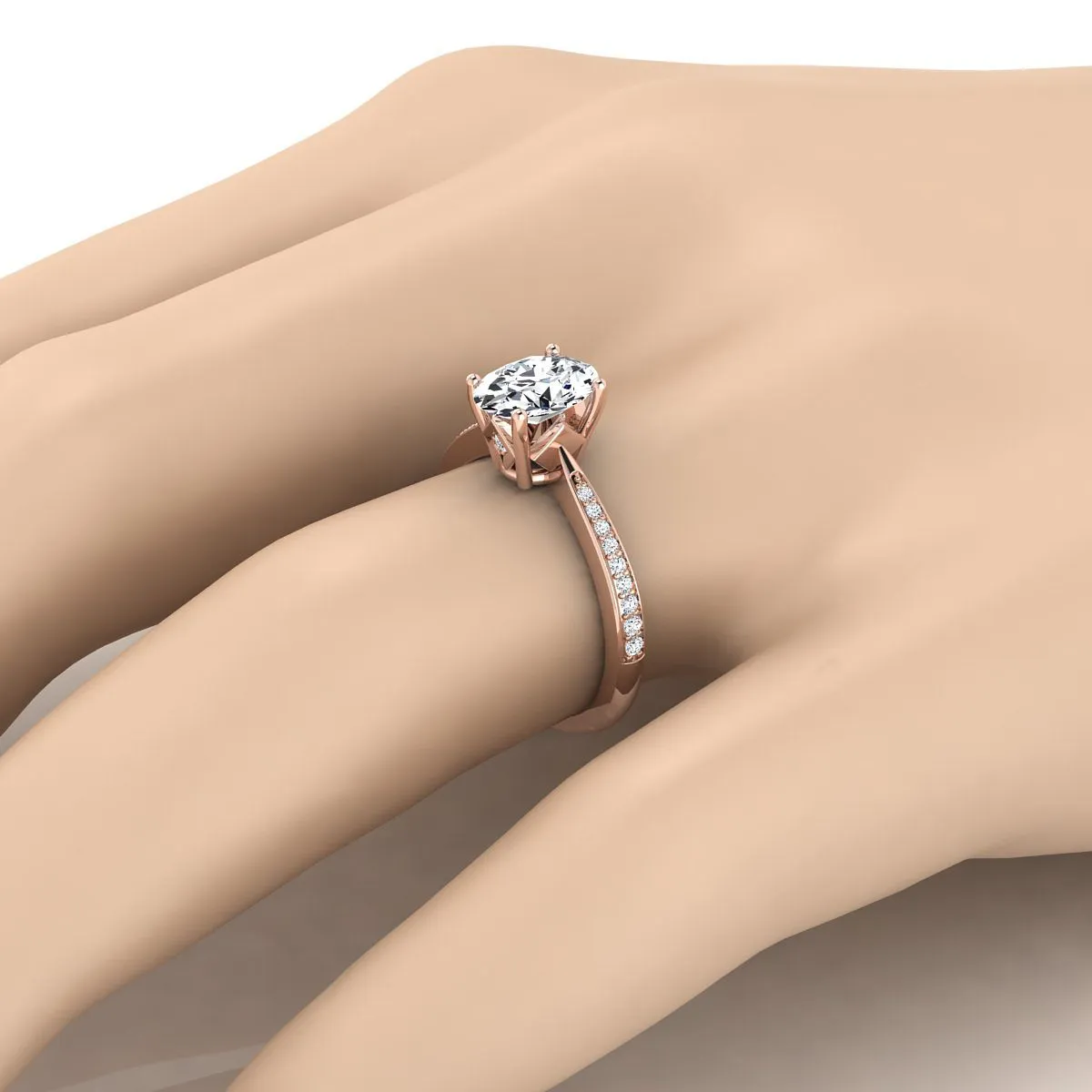 14K Rose Gold Oval Pink Sapphire Tapered Pave Diamond Engagement Ring -1/8ctw
