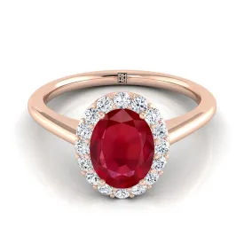 14K Rose Gold Oval Ruby Shared Prong Diamond Halo Engagement Ring -1/5ctw