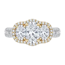 14K Two Tone Gold Oval Cut Diamond Three Stone Halo Engagement Ring (Semi Mount)