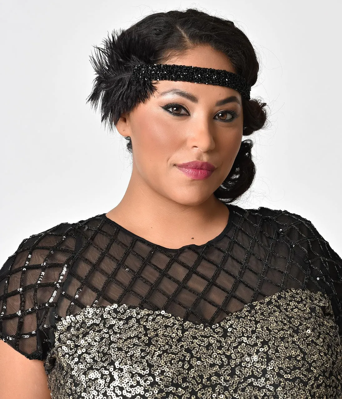 1920s Style Black Beaded Feather Roxi Headband