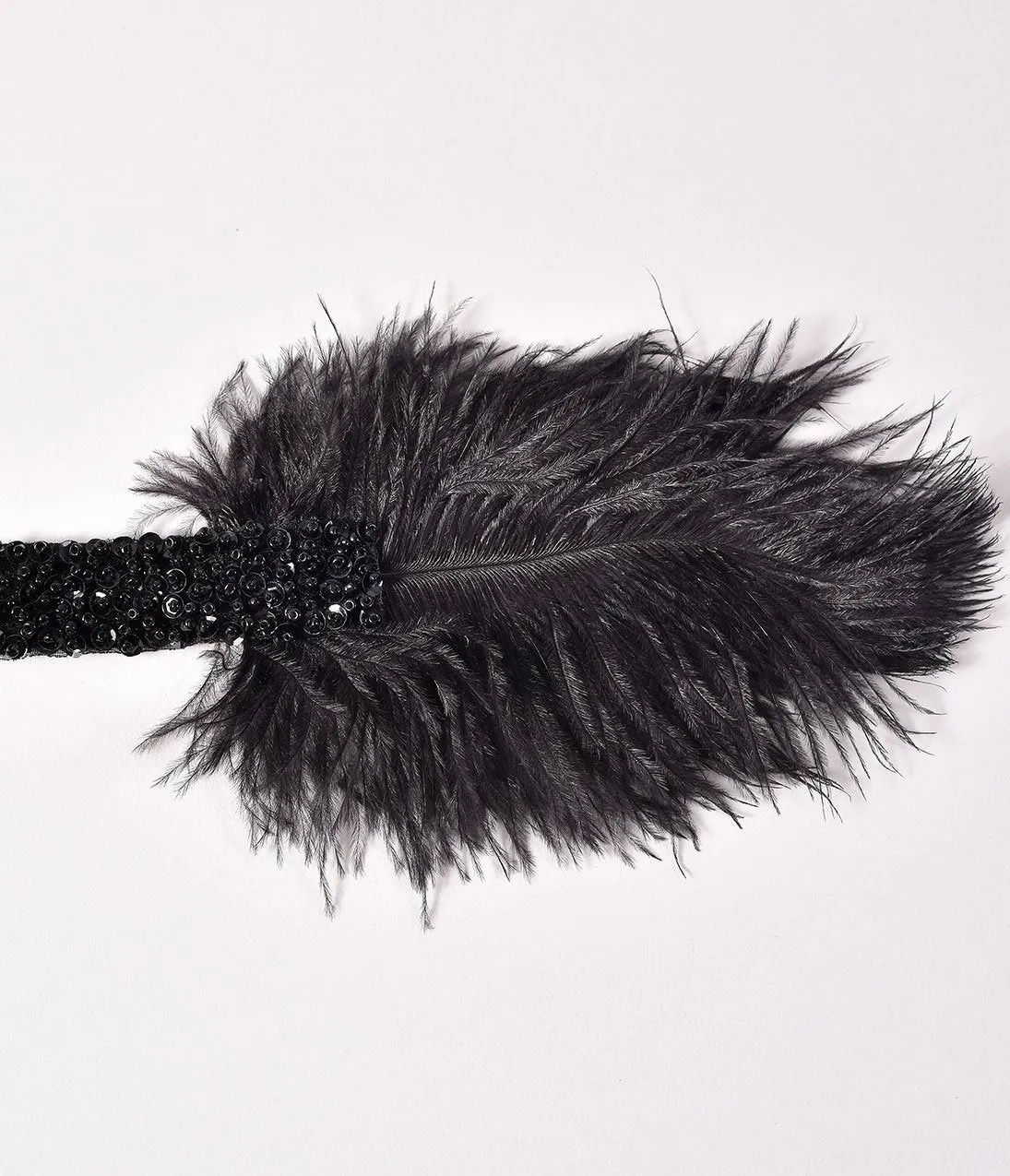 1920s Style Black Beaded Feather Roxi Headband