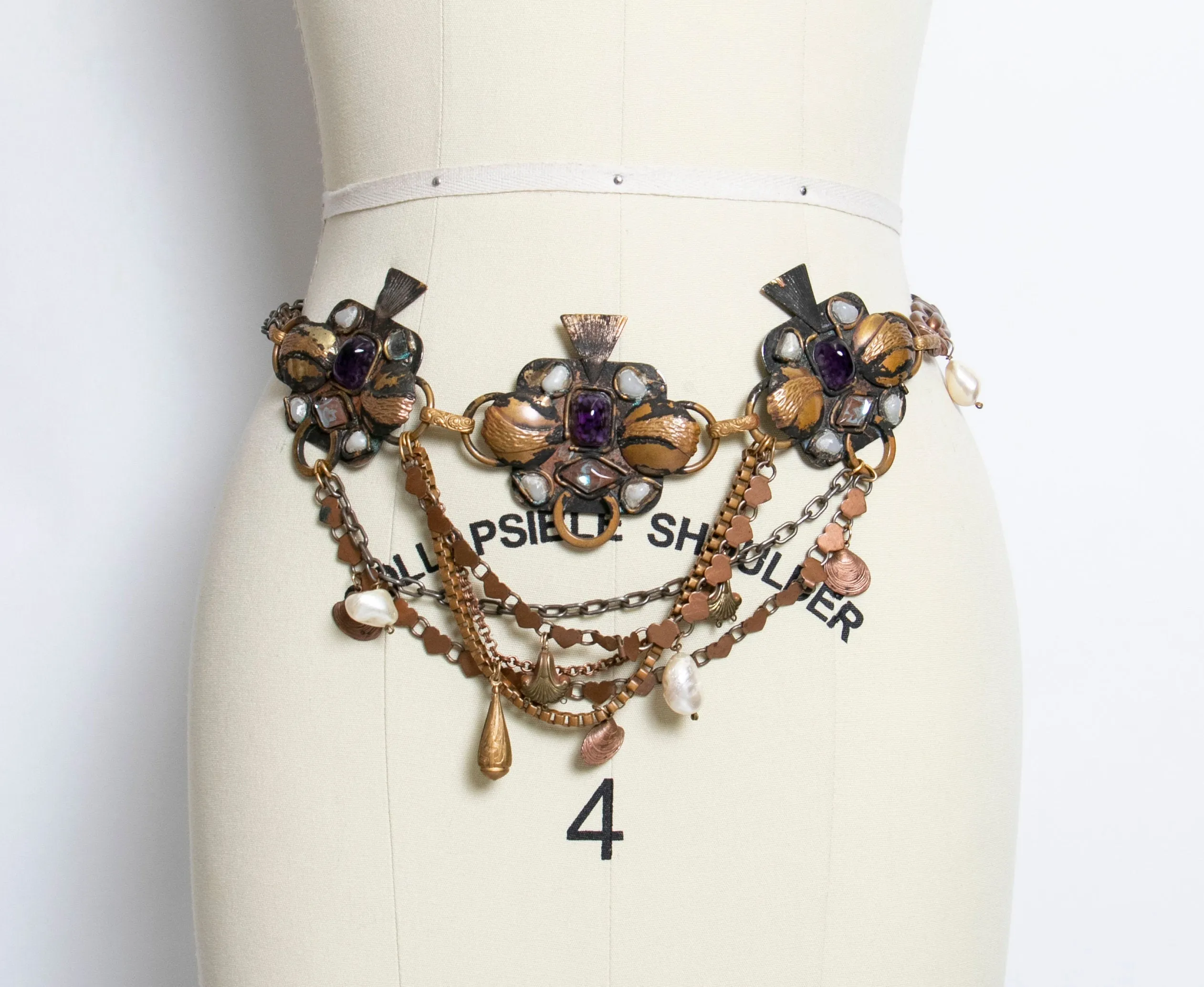 1980s Belt Handmade Embellished Chain Dangle Tiered