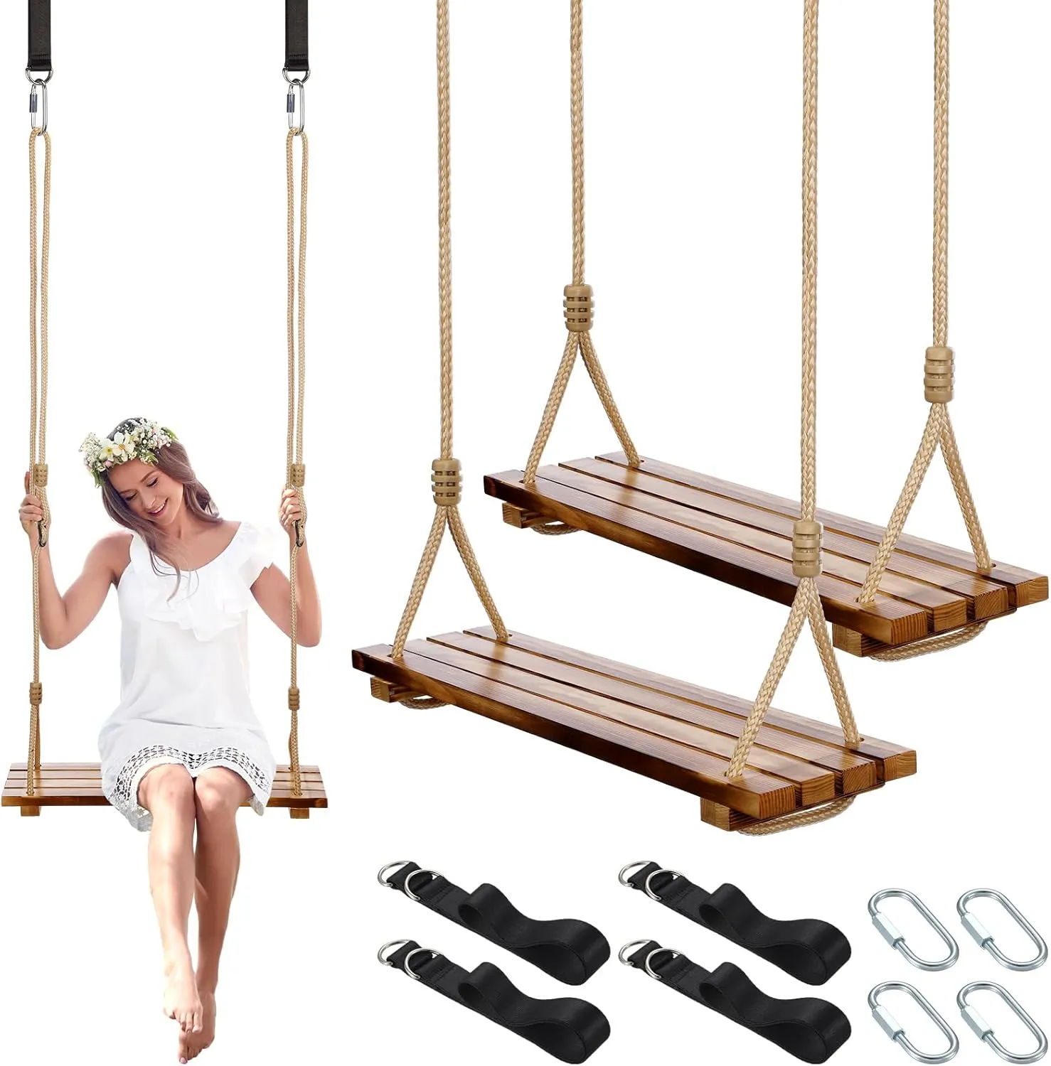 2 Pcs Wood Swing Seat Carbonized Hanging Wood Tree Swing Adjustable Anticorrosive Waterproof 440lbs Load Indoor Outdoor Backyard Play, 24 x 6.3 x 1.42 Inch