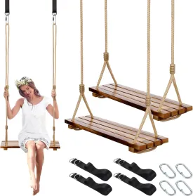 2 Pcs Wood Swing Seat Carbonized Hanging Wood Tree Swing Adjustable Anticorrosive Waterproof 440lbs Load Indoor Outdoor Backyard Play, 24 x 6.3 x 1.42 Inch