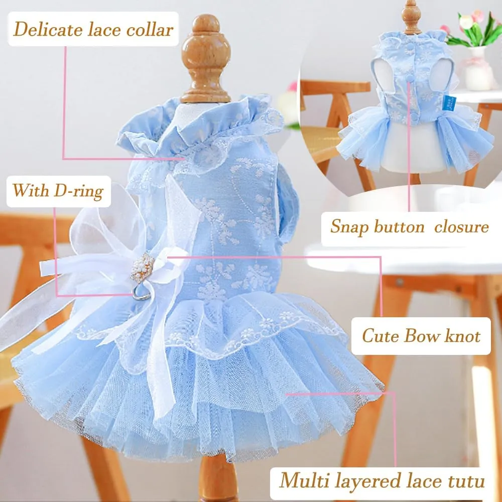 ANIAC Daisy Small Dog Dresses Female with Leash Ring,Bow Knot Girl Puppy Wedding Dress,Valentine's Cat Outfit,Fancy Pet Party Dress for Kitten Chihuahua Yorkie Pomeranian (Blue, Small)