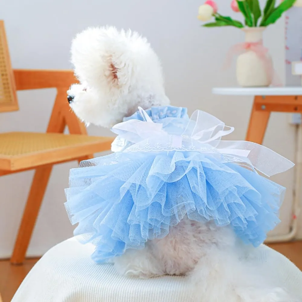 ANIAC Daisy Small Dog Dresses Female with Leash Ring,Bow Knot Girl Puppy Wedding Dress,Valentine's Cat Outfit,Fancy Pet Party Dress for Kitten Chihuahua Yorkie Pomeranian (Blue, Small)