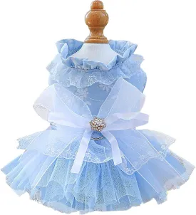 ANIAC Daisy Small Dog Dresses Female with Leash Ring,Bow Knot Girl Puppy Wedding Dress,Valentine's Cat Outfit,Fancy Pet Party Dress for Kitten Chihuahua Yorkie Pomeranian (Blue, Small)