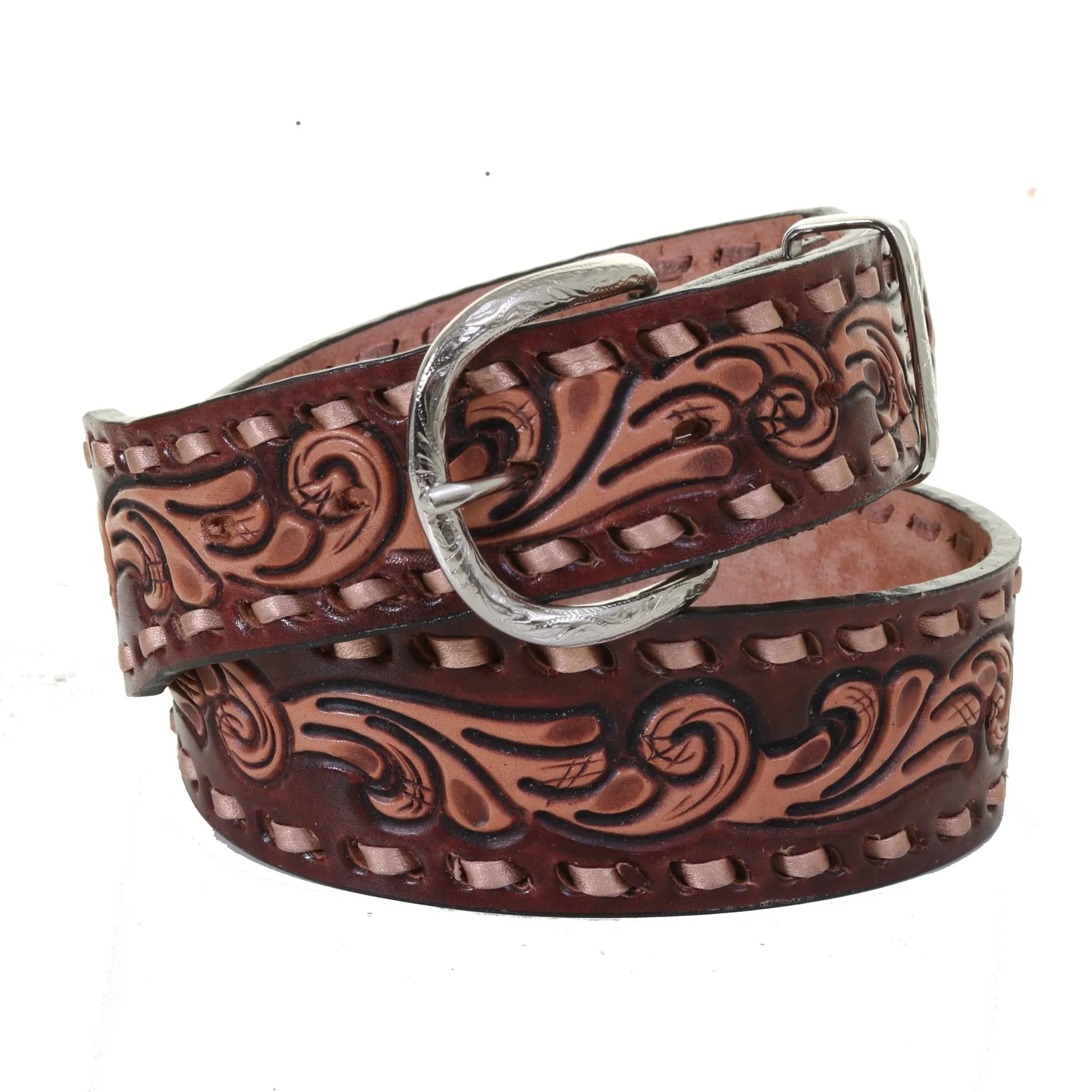 B845 - Cognac Leather Tooled Belt