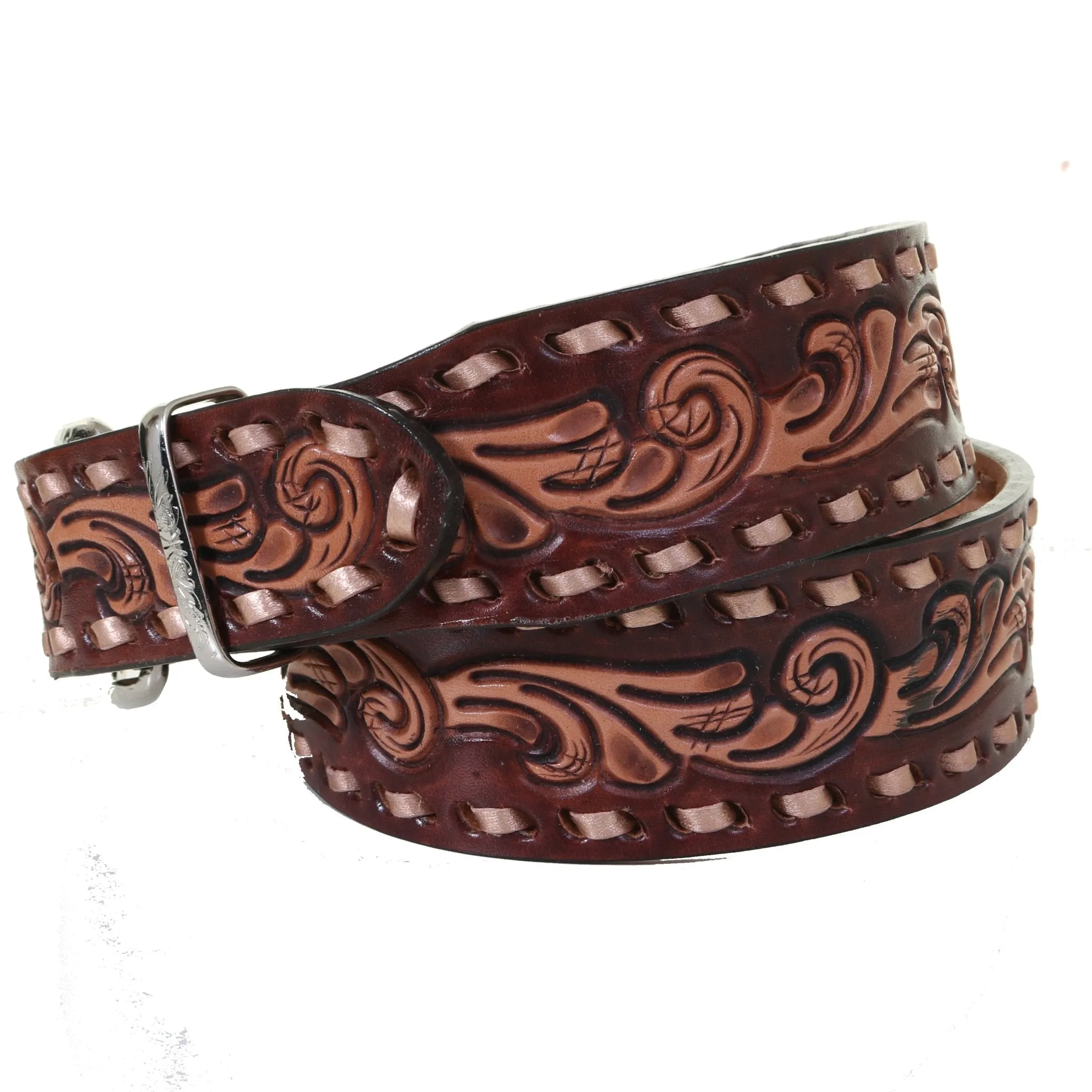 B845 - Cognac Leather Tooled Belt