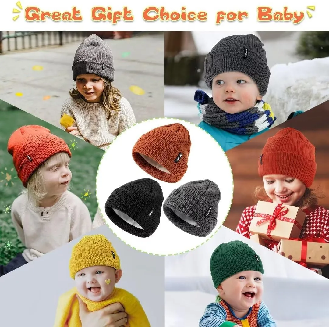 Baby Beanie Hat 3 Packs Toddler Girls Boys, Baby Hats Winter Warm Knitted Thermal with Fleece Lining, Kids Winter Hat
