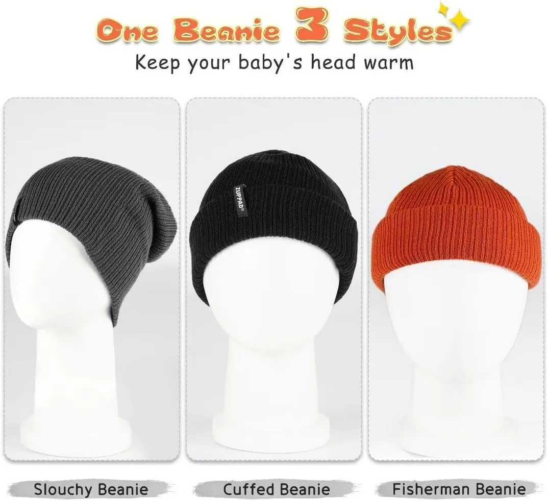Baby Beanie Hat 3 Packs Toddler Girls Boys, Baby Hats Winter Warm Knitted Thermal with Fleece Lining, Kids Winter Hat
