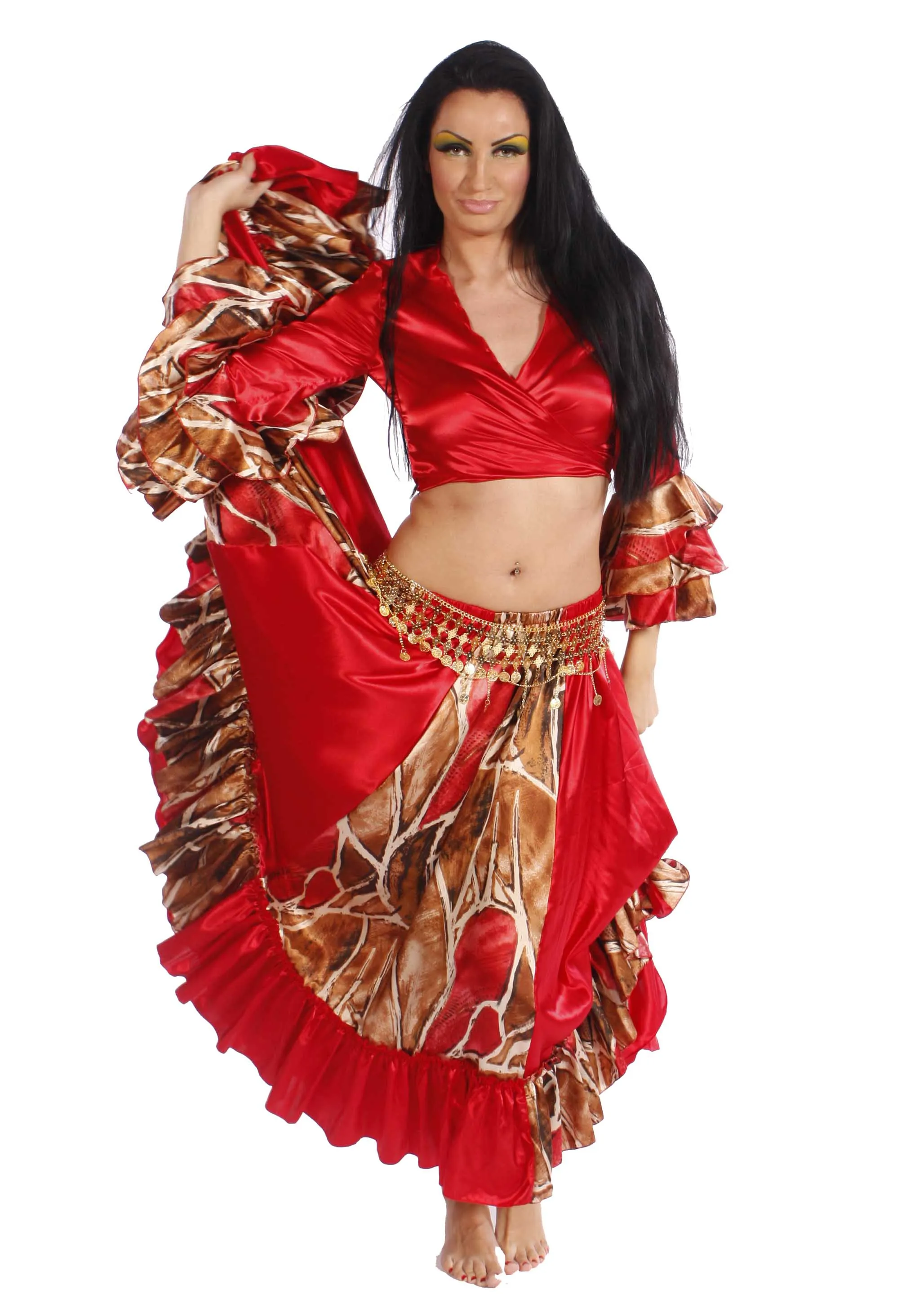 Belly Dance Satin Giraffe Patterned Top-Skirt & Belt Costume Set | Gala Night