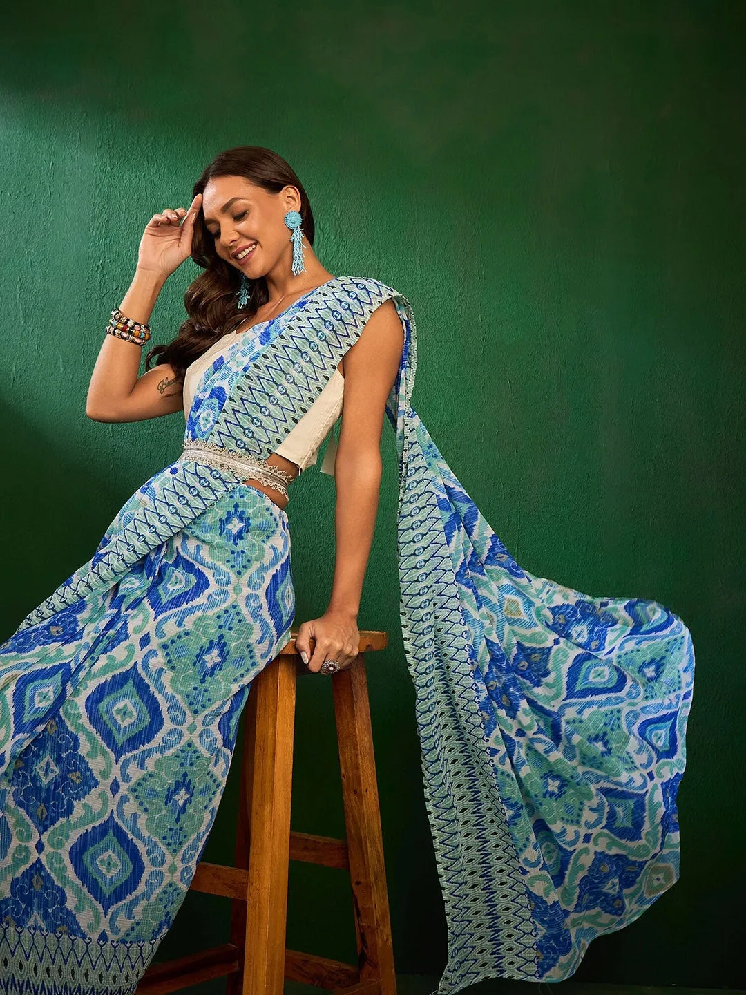 Blue Ikat Printed Saree With Embellished Belt
