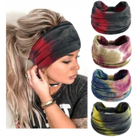 Boho Headbands For Women Fashion Stretch Wide Hair Bands Tie Dye Knoted Turban Head Bands Yoga Running Sweatband Elastic Headband Stylish Wrap Headbands Hair Accessories for Teen Girls 4 Pack