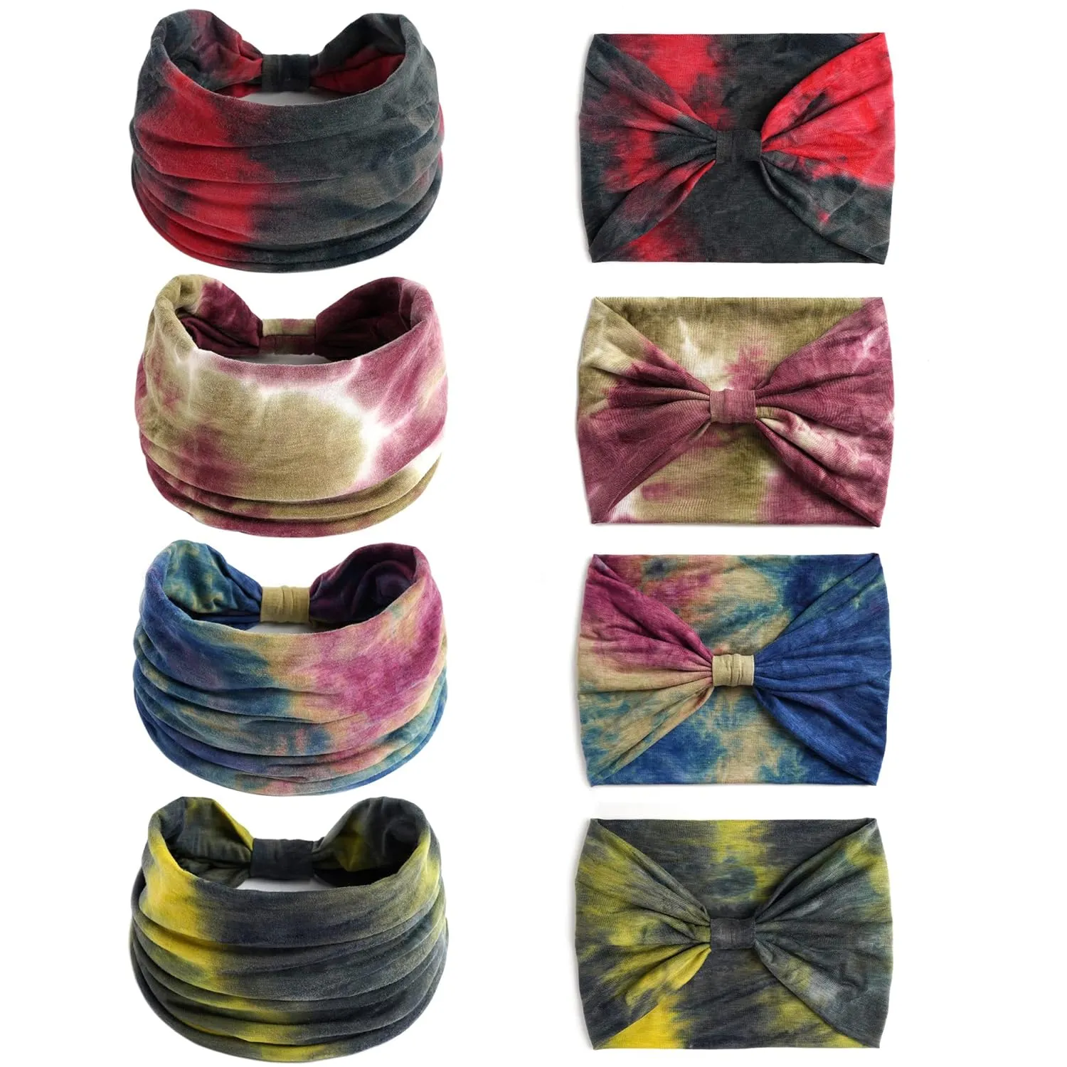 Boho Headbands For Women Fashion Stretch Wide Hair Bands Tie Dye Knoted Turban Head Bands Yoga Running Sweatband Elastic Headband Stylish Wrap Headbands Hair Accessories for Teen Girls 4 Pack