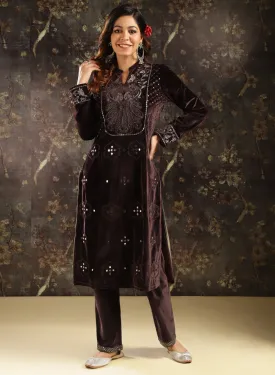 Brown Embellished Party-wear Velvet Kurta Set