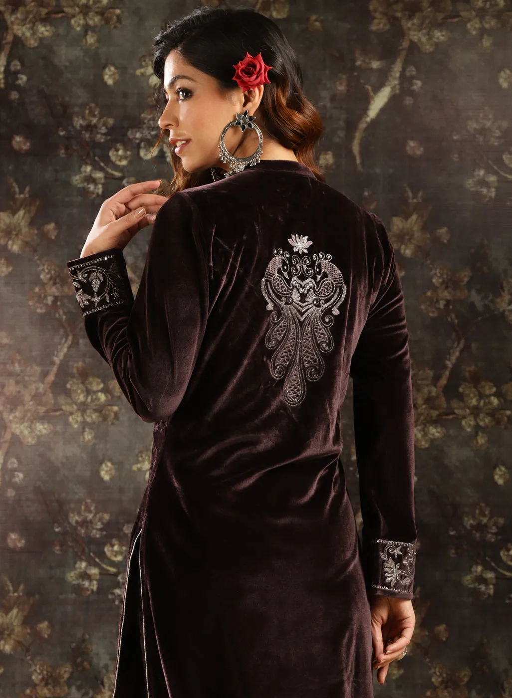 Brown Embellished Party-wear Velvet Kurta Set
