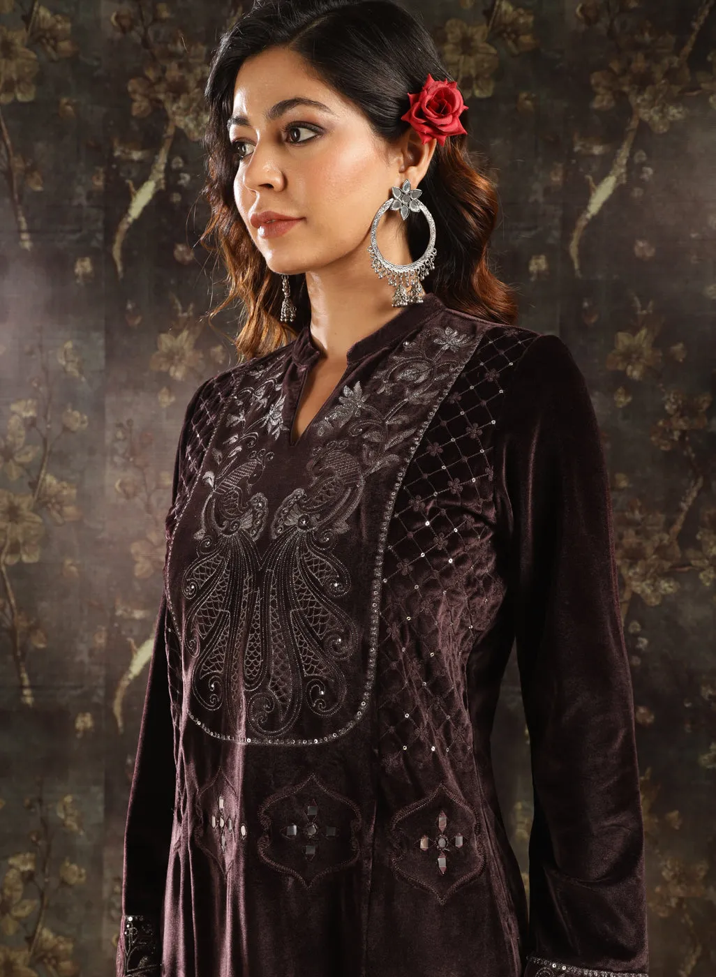 Brown Embellished Party-wear Velvet Kurta Set