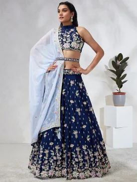 Captivating Navy Blue Sequinned Lehenga Choli Set with Thread Embroidery & Organza Dupatta