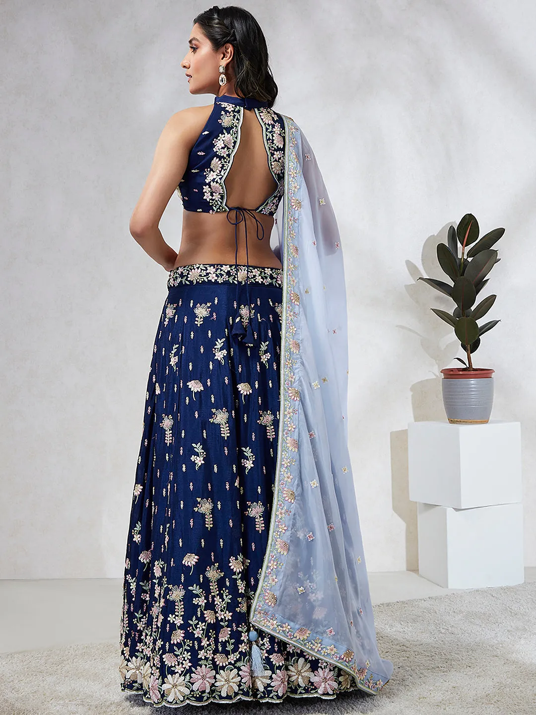 Captivating Navy Blue Sequinned Lehenga Choli Set with Thread Embroidery & Organza Dupatta