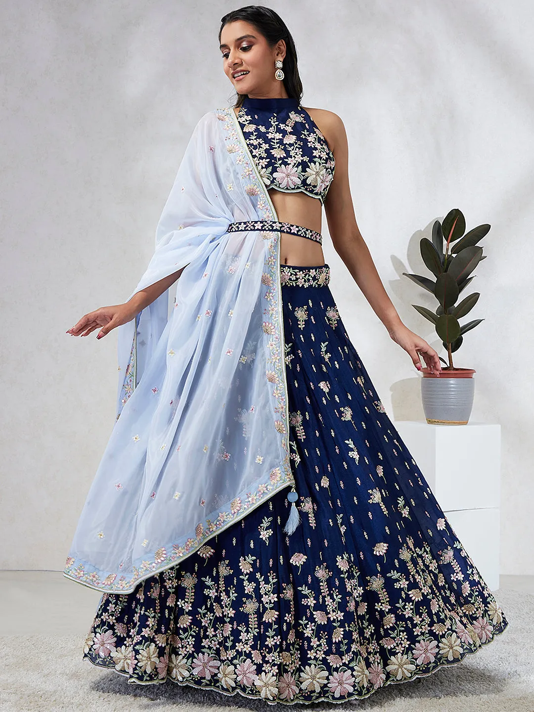 Captivating Navy Blue Sequinned Lehenga Choli Set with Thread Embroidery & Organza Dupatta