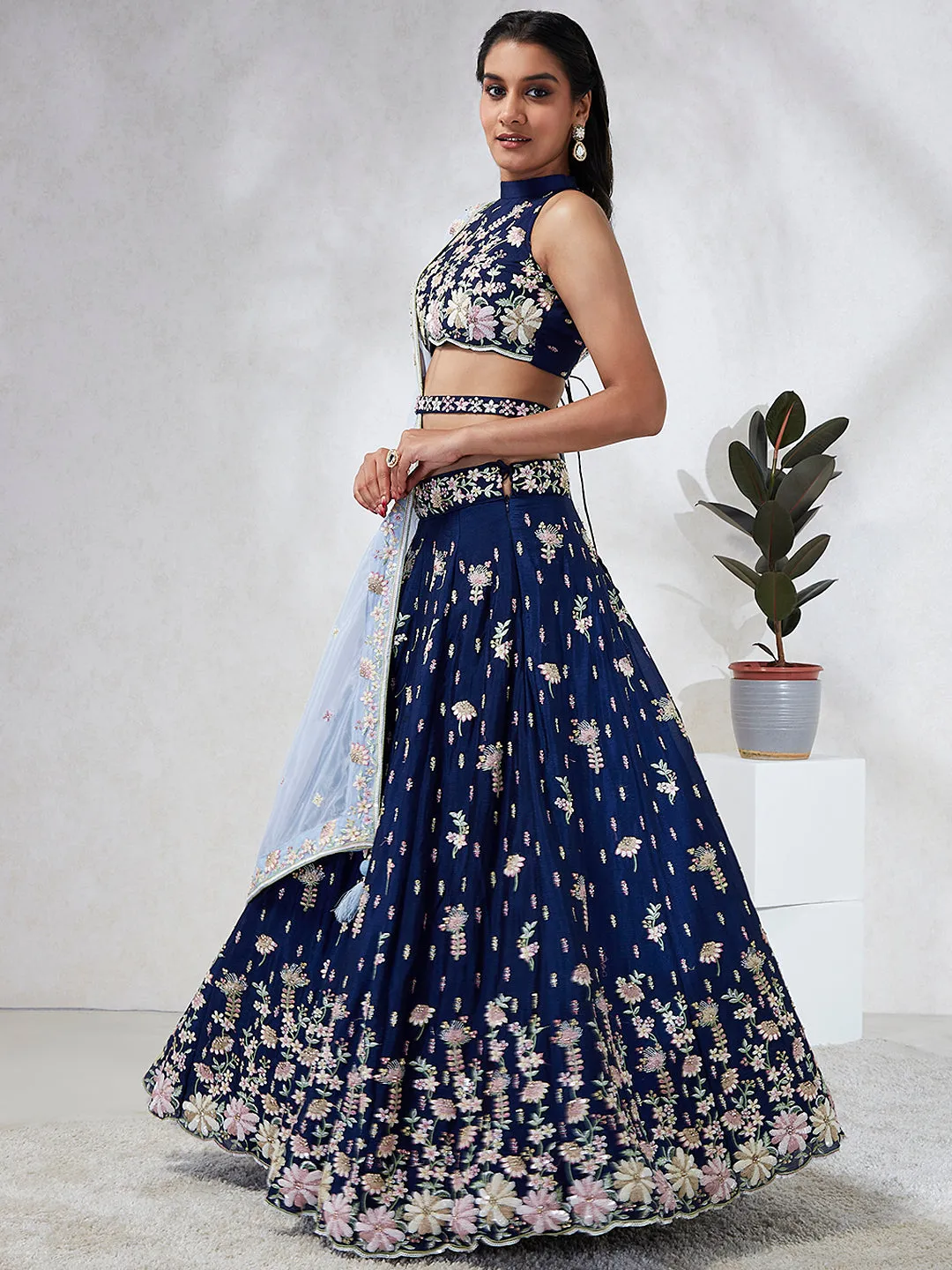 Captivating Navy Blue Sequinned Lehenga Choli Set with Thread Embroidery & Organza Dupatta