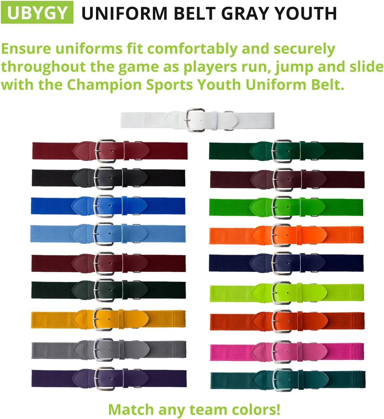 Champion Sports Baseball/Softball Uniform Belt, Comfort Stretch Fit - Durable Syntex Tab, Youth & Adult Sizes
