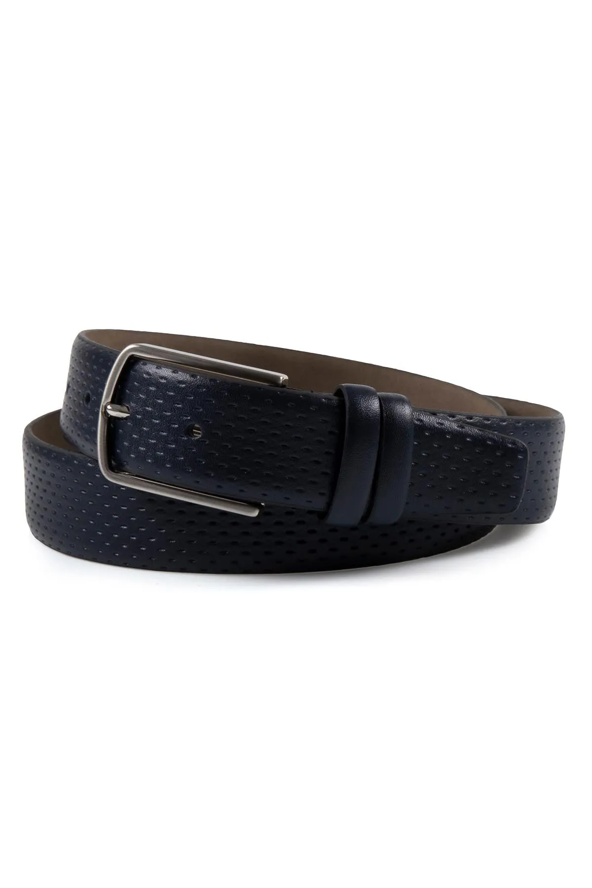 Classic Patterned Leather Brown Belt, Navy