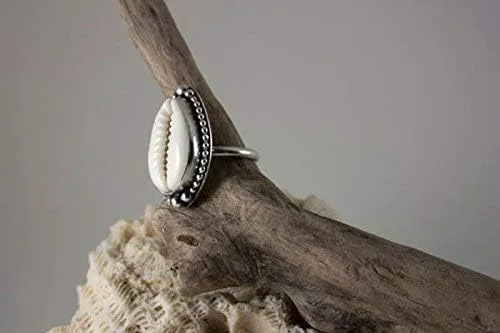 Cowrie Ring For Women Girls, 925 Sterling Silver Cowrie Ring, Natural Beach Shell Ring, Hammered Jewelry Christmas Ring Size