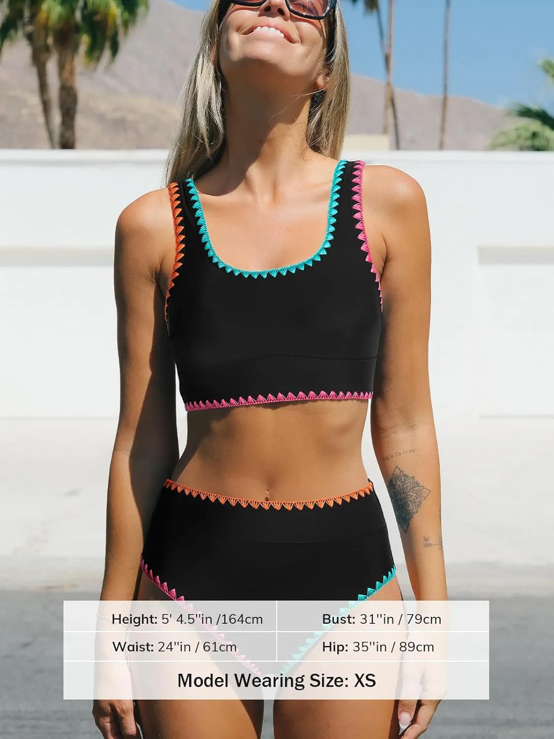 CUPSHE Women's Bikini Sets Two Piece Swimsuit Scoop Neck Tank Wide Straps Midkini Stitching