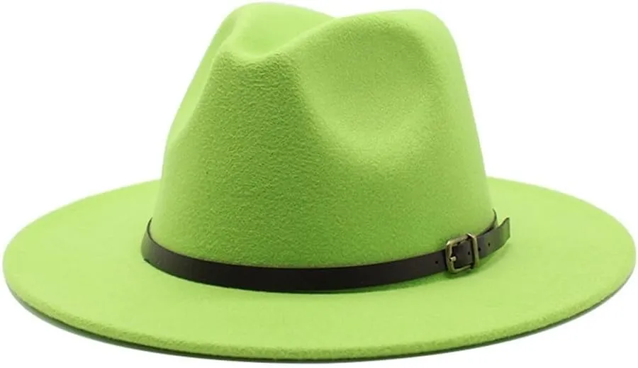 European and American New Woolen Hat Men and Women Gentleman Jazz Hat Autumn and Winter Flat Brim Felt Big Brim Hat Fengyan Cowboy Hats (Color : Fluorescent Green, Size : 56-58cm)
