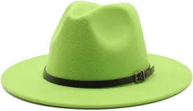 European and American New Woolen Hat Men and Women Gentleman Jazz Hat Autumn and Winter Flat Brim Felt Big Brim Hat Fengyan Cowboy Hats (Color : Fluorescent Green, Size : 56-58cm)