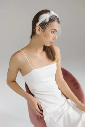 Federica: Deco Crystal and Feather Birdcage Veil Headband
