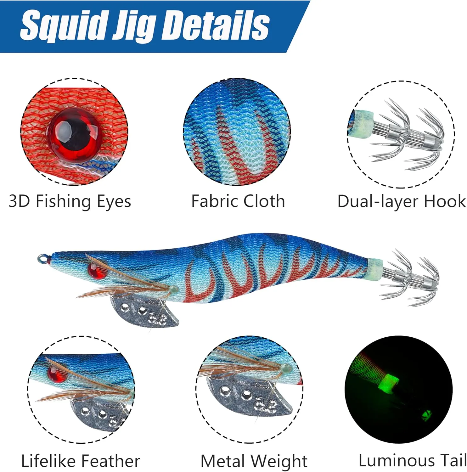 Glow Squid Jig Saltwater Squid Lures, 5/10pcs Luminous Shrimp Prawn Lures Fluorescent Cuttlefish Sleeve Octopus Jigs Artificial Baits Tackle Size 2.5 3 3.5