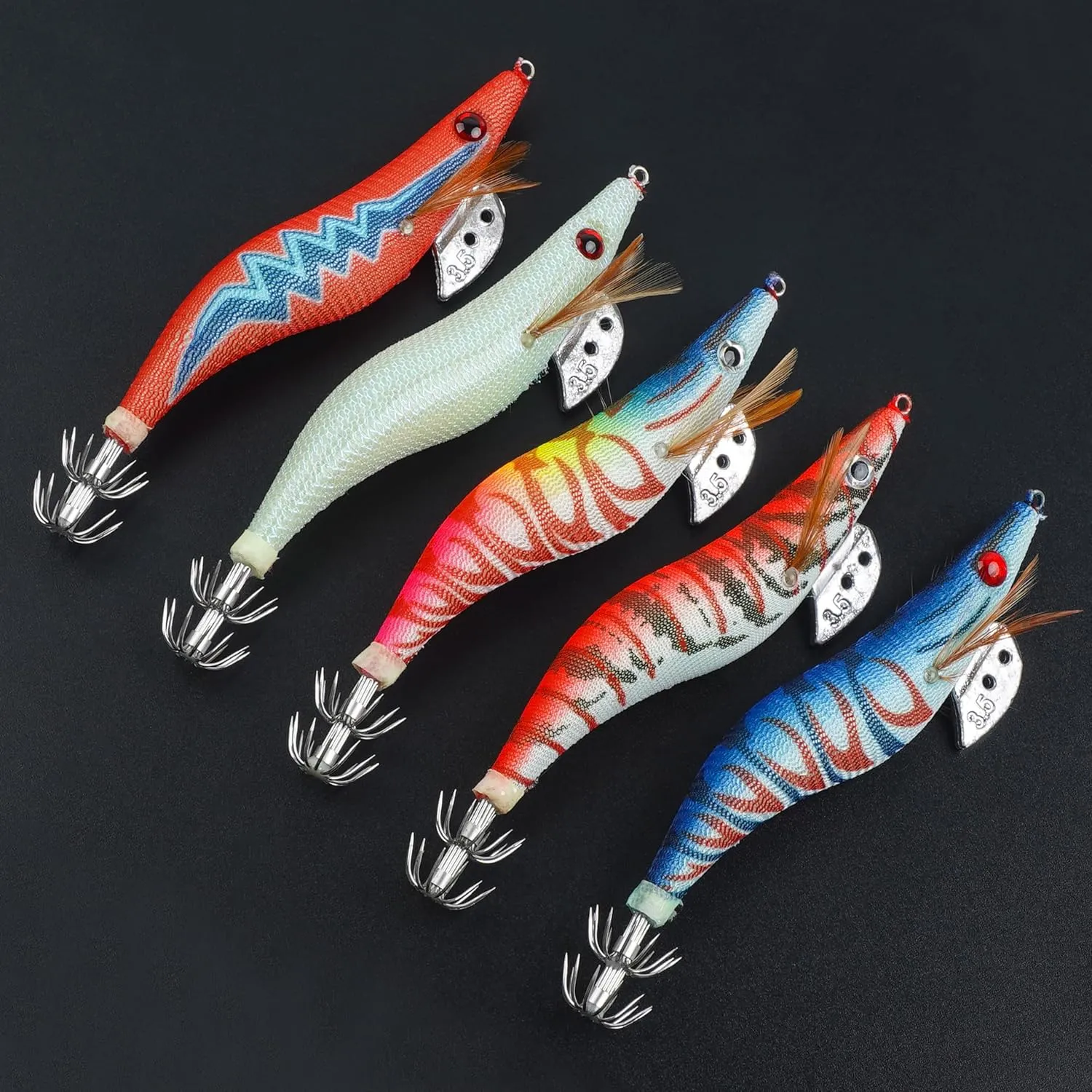 Glow Squid Jig Saltwater Squid Lures, 5/10pcs Luminous Shrimp Prawn Lures Fluorescent Cuttlefish Sleeve Octopus Jigs Artificial Baits Tackle Size 2.5 3 3.5