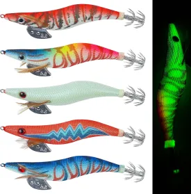 Glow Squid Jig Saltwater Squid Lures, 5/10pcs Luminous Shrimp Prawn Lures Fluorescent Cuttlefish Sleeve Octopus Jigs Artificial Baits Tackle Size 2.5 3 3.5