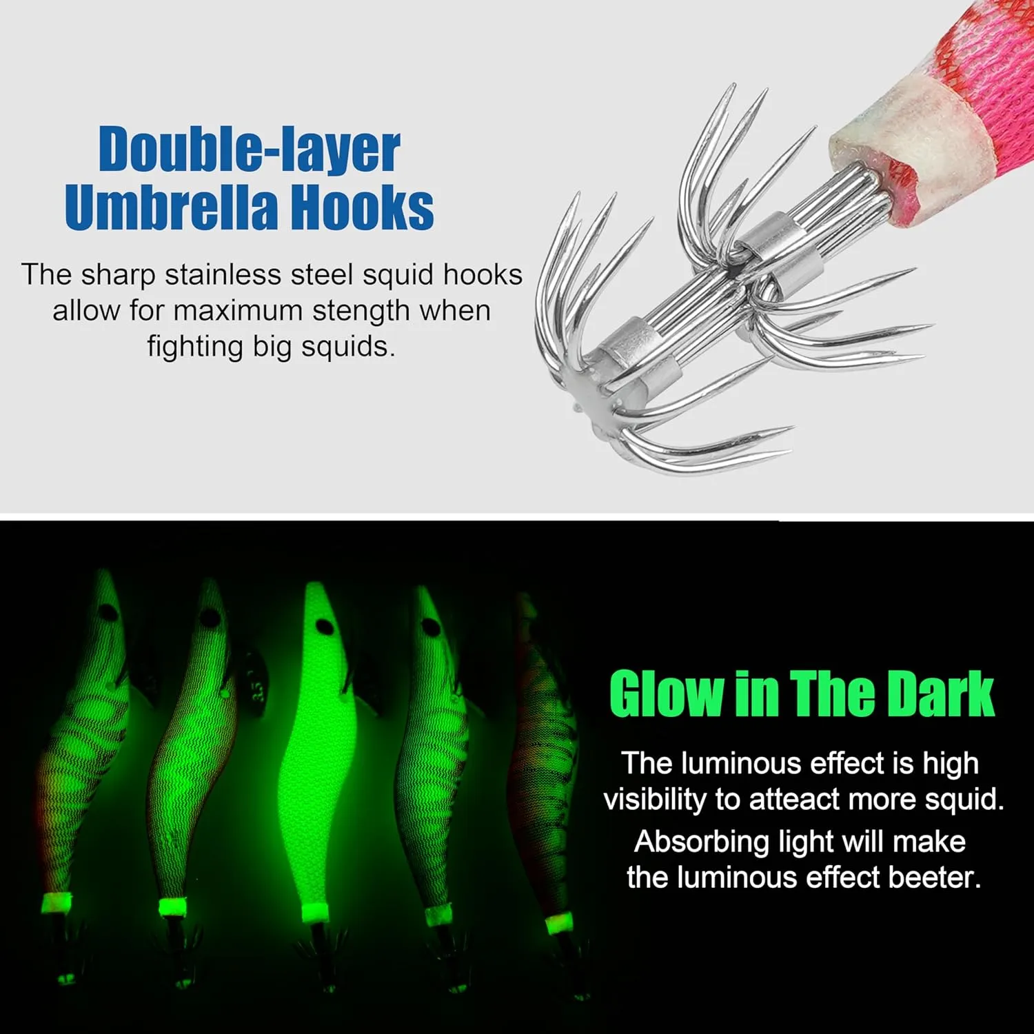 Glow Squid Jig Saltwater Squid Lures, 5/10pcs Luminous Shrimp Prawn Lures Fluorescent Cuttlefish Sleeve Octopus Jigs Artificial Baits Tackle Size 2.5 3 3.5