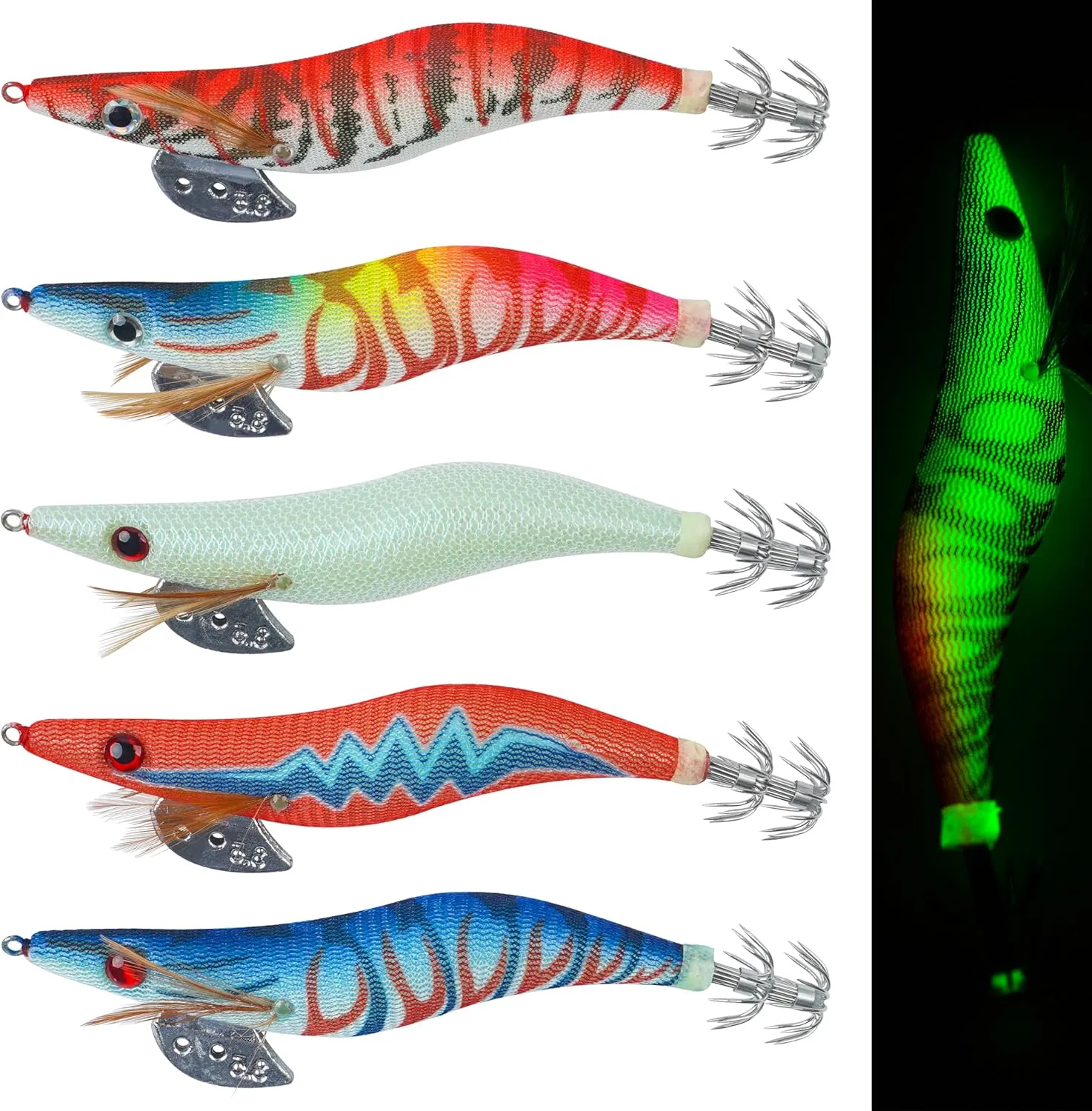 Glow Squid Jig Saltwater Squid Lures, 5/10pcs Luminous Shrimp Prawn Lures Fluorescent Cuttlefish Sleeve Octopus Jigs Artificial Baits Tackle Size 2.5 3 3.5