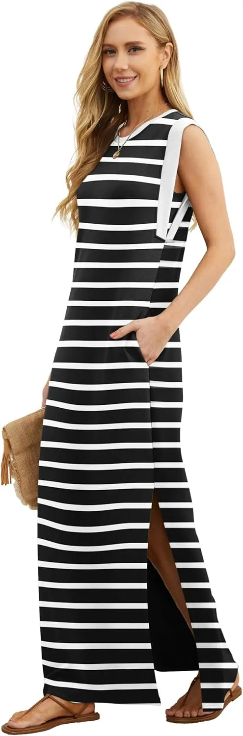 GRECERELLE 2025 Women Year-Round Casual Round Neck Loose Split Wrinkle-Free Long Maxi Vacation Dress with Pockets (XS-3XL)