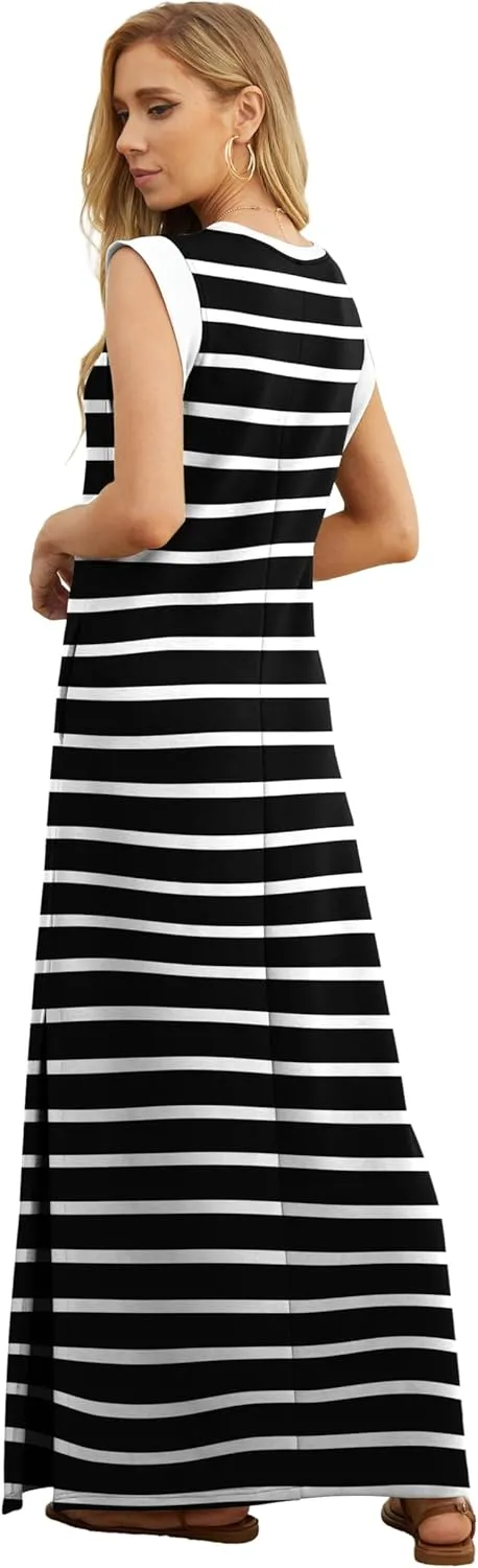 GRECERELLE 2025 Women Year-Round Casual Round Neck Loose Split Wrinkle-Free Long Maxi Vacation Dress with Pockets (XS-3XL)