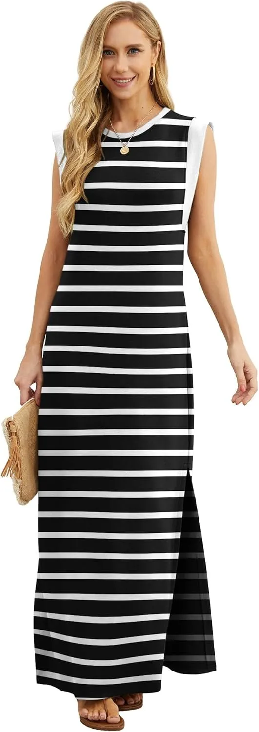 GRECERELLE 2025 Women Year-Round Casual Round Neck Loose Split Wrinkle-Free Long Maxi Vacation Dress with Pockets (XS-3XL)