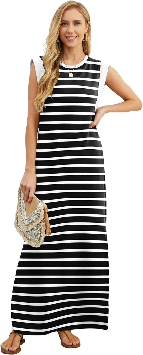 GRECERELLE 2025 Women Year-Round Casual Round Neck Loose Split Wrinkle-Free Long Maxi Vacation Dress with Pockets (XS-3XL)