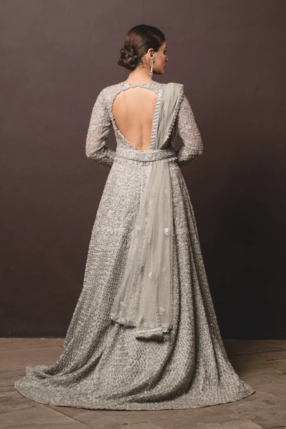 Grey Tulle Gown & Dupatta With Trail